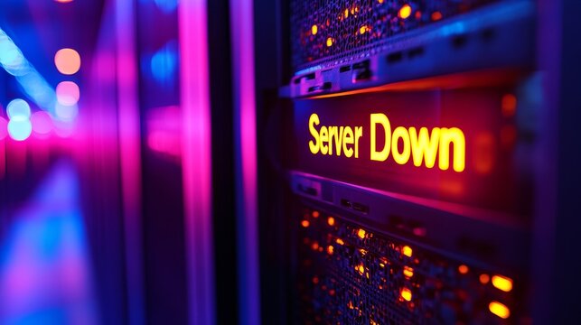 A server rack in a data center with a flashing red "Server Down" light, symbolizing system failure, network interruption, technical issues, and downtime.