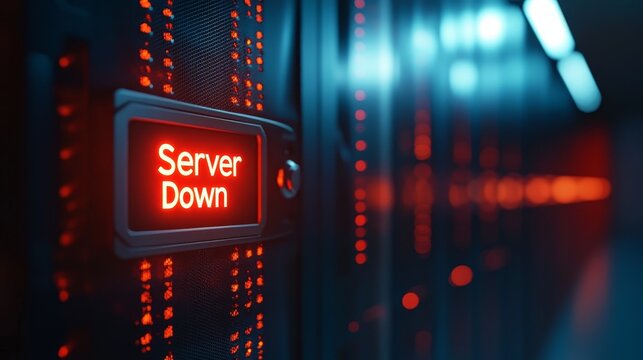 A server rack in a modern data center with a red alert light displaying "Server Down". This image symbolizes the potential risks associated with server downtime, cybersecurity breaches, and network ou