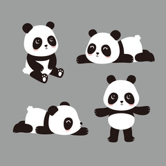 Naklejka premium Cartoon cute several pandas in various poses.Panda elements cliparts for fabric textile print wrapping paper design.Vector illusrtation.