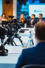 Public relations experts handling media inquiries during a crisis. Press conference room