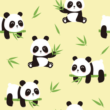 Cartoon panda bear seamless pattern on yellow background with bamboo leaves for kids. Flat panda vector illustration for kids print. Vector illustration.