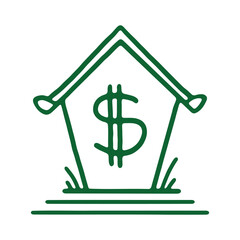 A simple green line icon of a house featuring a prominent dollar sign in the center, symbolizing financial concepts such as mortgage, real estate investment, or home financing.