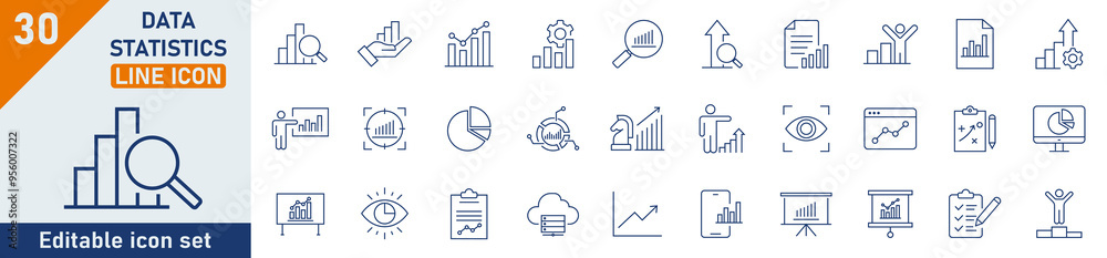 Poster data statistics line icon set. set of 30 outline icons related to data, statistics, analysis, optimi