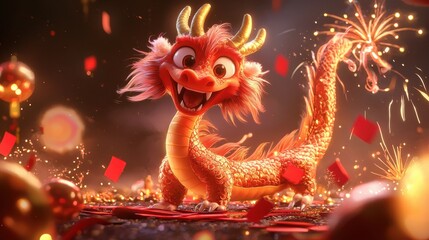 Obraz premium 4h Adorable dragon, Super cute, Super detail, Chinese New Year, festive, prosperity, red, gold, fireworks, red envelopes, festive atmosphere, childlike, fantasy, festive joy, warmth