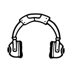A black and white line drawing of a pair of headphones, representing audio, music, or sound.