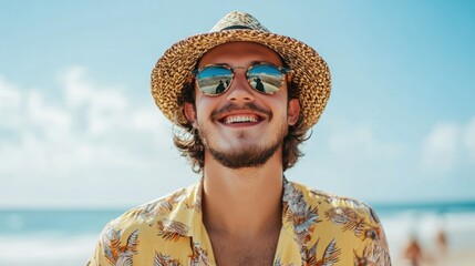 Hipster young man beaming with joy in stylish beach clothes against a serene seaside backdrop during golden hour bliss