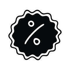 A black and white icon of a discount badge featuring a percentage symbol, representing sales, promotions, or discounts.