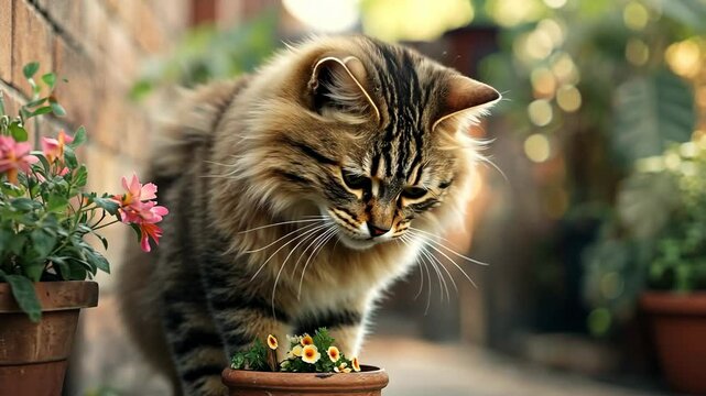 Curious cat explores garden flowers in a cozy outdoor setting during the afternoon
