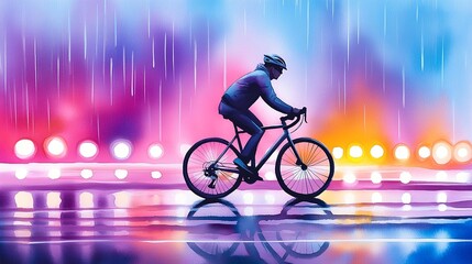 A cyclist rides through vibrant colors and rain, symbolizing motion, energy, and determination in an urban setting.