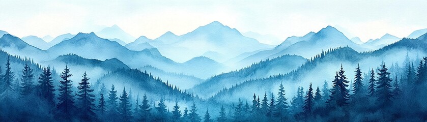 A serene watercolor landscape featuring misty mountains and lush coniferous forests, evoking tranquility and nature's beauty.