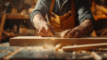 Man is working on a woodworking project, using a saw to cut a piece of wood