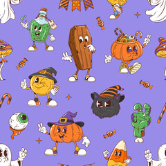 Cartoon Halloween groovy characters seamless pattern. Vector festive tile background with playful pumpkin, ghost, candy corn or coffin, black cat, eyeball, potion flask, zombie hand cartoon personages