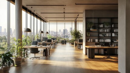 Spacious sunlit coworking office with wooden work tables and floor, black stylish lamps on light ceiling and city view from panoramic windows. 3D rendering.