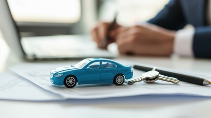 Man signing car insurance document or lease paper. Writing signature on contract or agreement. Buying or selling new or used vehicles. Car keys on table. Warranty or guarantee. Customer or salesman.