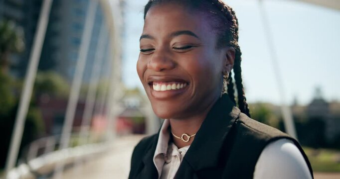Wink, phone and face of black woman in city for business, typing and real estate agent at office park. Smile, businesswoman or realtor with smartphone, search and confidence in urban development