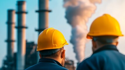 industrial engineers discussing manufacturing operations with smoke stacks in the background - concept of sustainable growth and innovation in a modern factory.