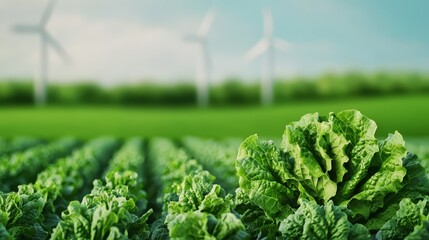 sustainable agriculture, green energy, wind turbines, and fresh lettuce field with blurred background.