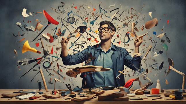 An abstract depiction of multitasking, with multiple hands or tools representing different tasks, surrounded by a chaotic, fragmented background to symbolize the cognitive strain of juggling many resp