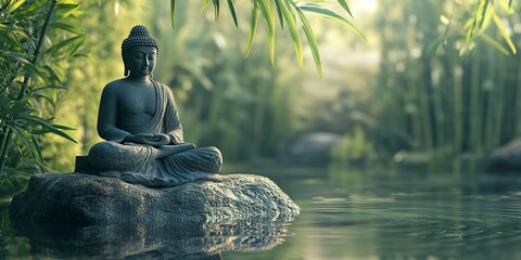 buddha statue on a rock in a blurred green bamboo jungle with smooth water surface, fresh natural spa wallpaper concept with asian spirit and copy space.