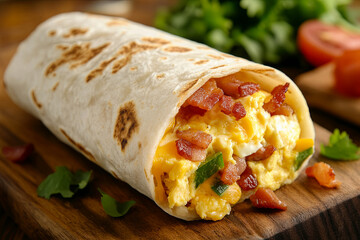 Breakfast burrito filled with eggs, cheese, and bacon