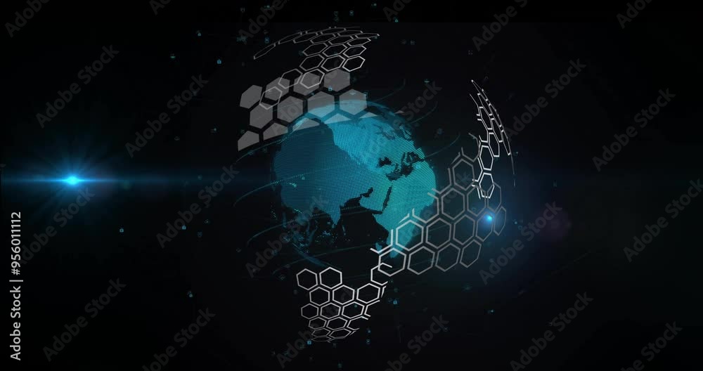 Poster hexagonal grid animation forming over rotating globe on dark background