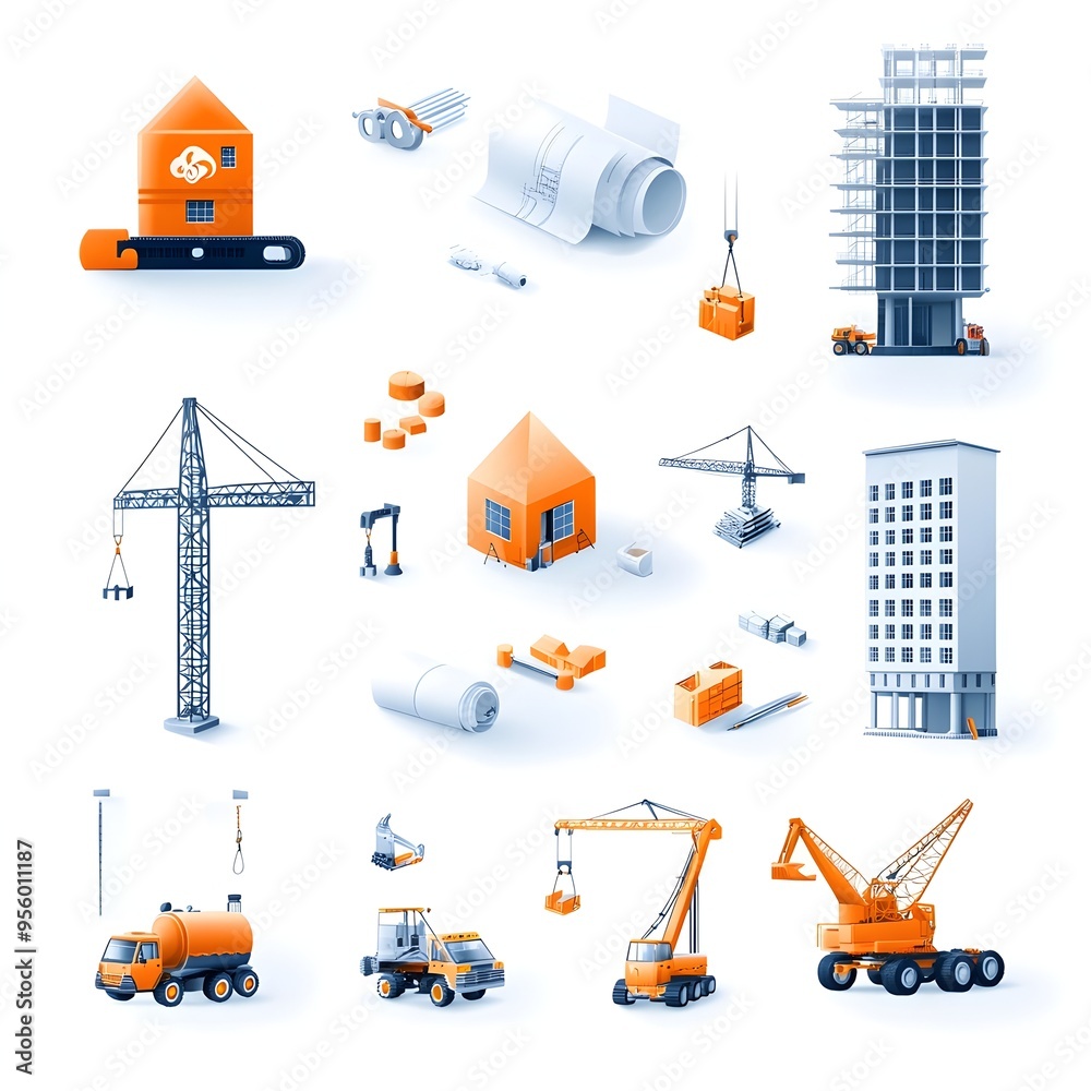 Poster Architectural Gradient Icon Set with Blueprint Crane and Building Elements