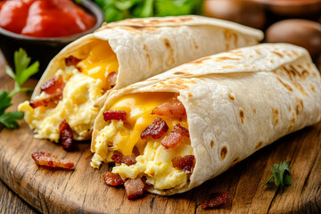 Breakfast burrito filled with eggs, cheese, and bacon