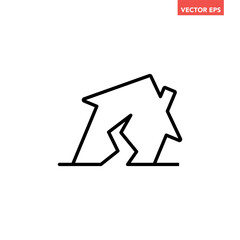 Black single earthquake house line icon, simple broken home disaster flat design illustration infographic pictogram vector, app logo web button ui ux interface elements isolated on white background
