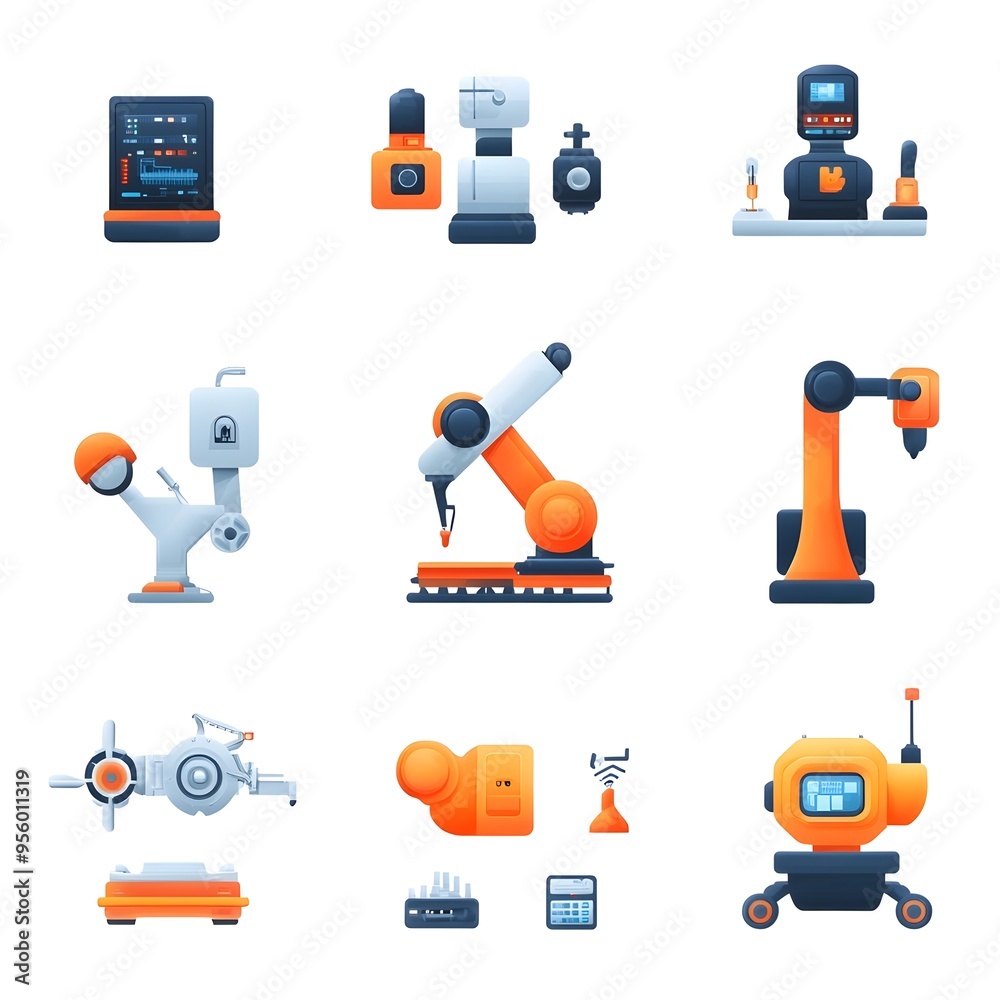 Poster assortment of flat gradient industrial machinery icons for factory automation