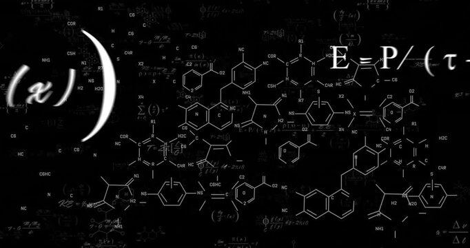 Chemical formulas and molecular structures animation over black background
