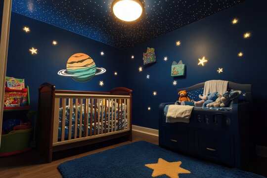 A cozy children's room with a space theme, featuring stars and a planet mural.