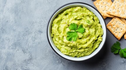 Guacamole Dip with Crackers and Cilantro Top View