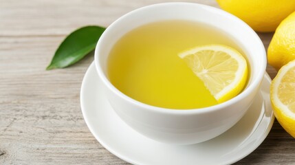 Lemon Tea with Lemon Slices on Wooden Table