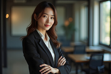 a asian woman stands with her arms crossed in the office