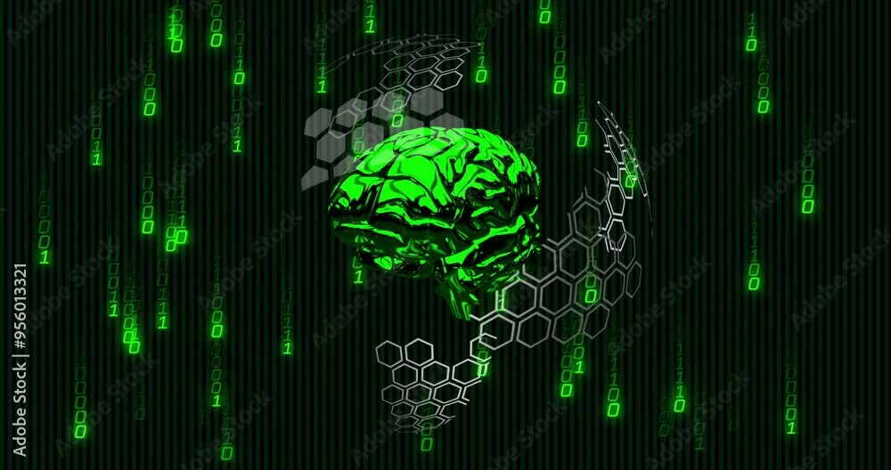Poster green brain and hexagonal patterns with binary code animation on dark background