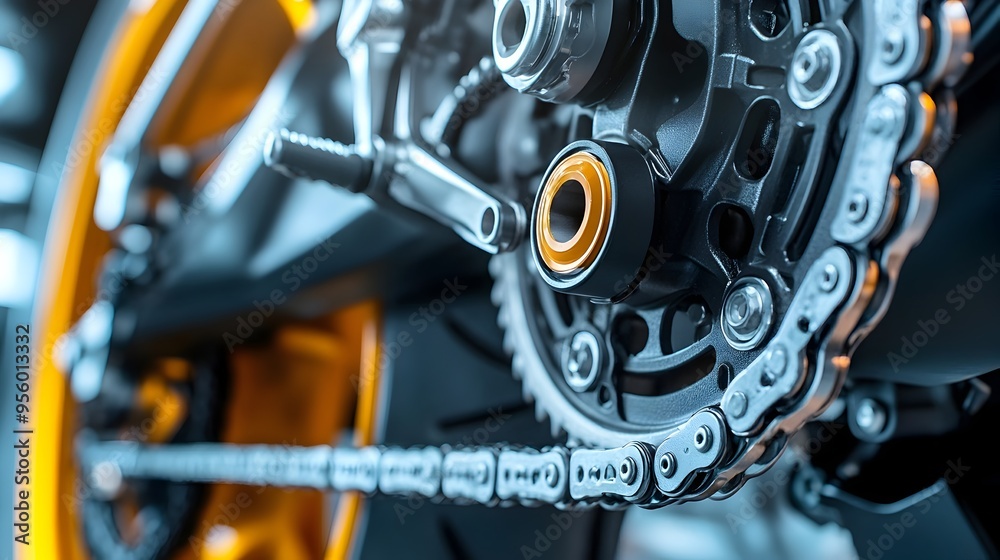 Poster detailed close up of motorcycle chain and sprocket system with clean lighting