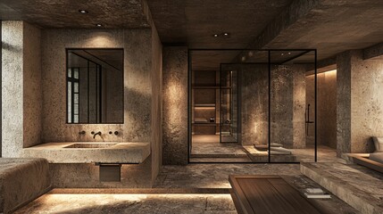 Bathroom with a minimalist design featuring a vanity made from recycled materials and a mirror framed with reclaimed wood energy-efficient water fixtures are installed while natural stone tiles cover