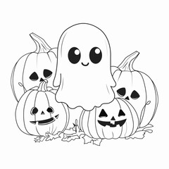 Ghost and Pumpkin Outline Drawing Halloween T-Shirt Vector Illustration Design