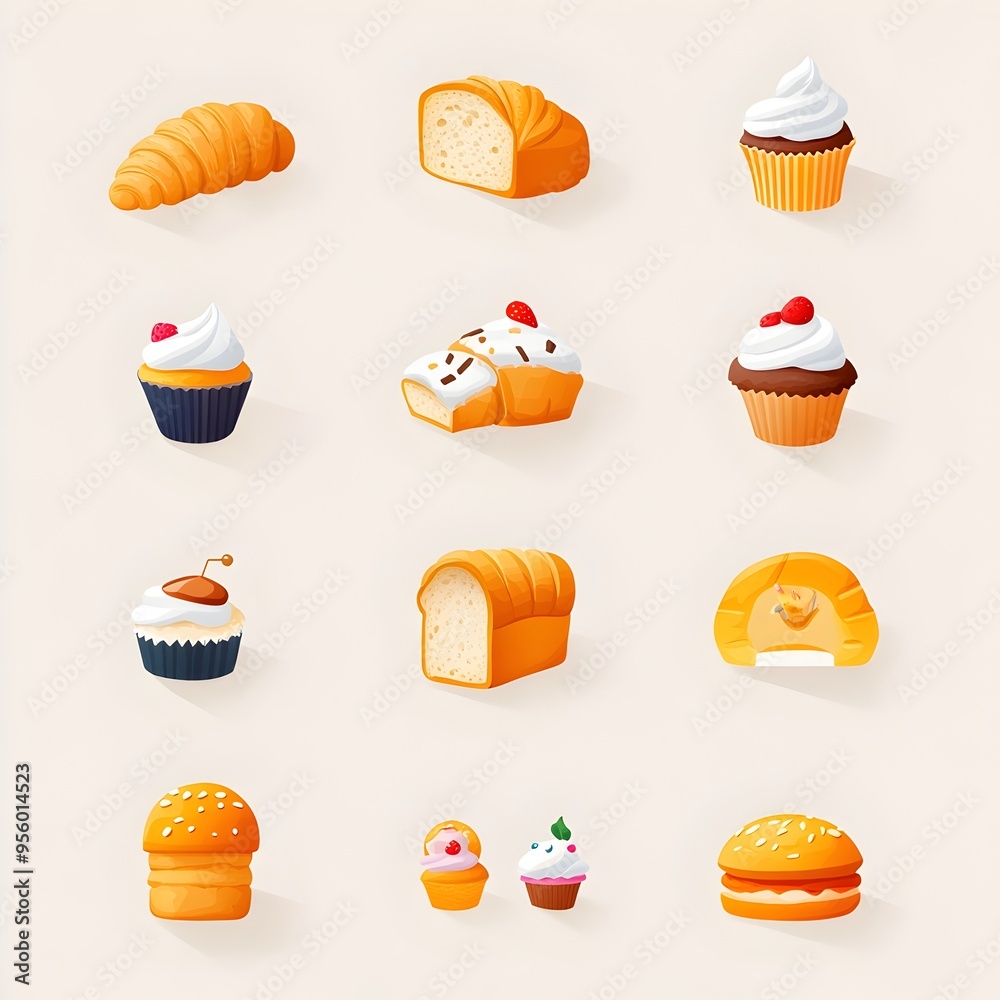Poster flat gradient bakery items icon set with bread croissant and cupcake