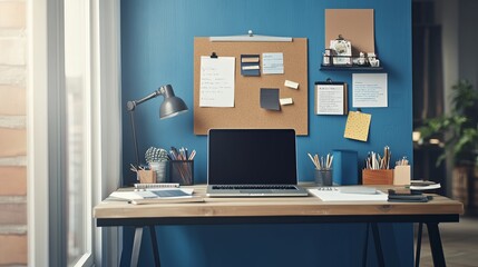 A creative desk in a home office setting, featuring a laptop, a notice board, and a blue accent wall. The desk is adorned with various office supplies and personal touches, creating a welcoming and i
