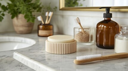 Bathroom counter featuring reusable bamboo toothbrushes a solid shampoo bar and glass containers filled with natural ingredients no plastic bottles in sight representing a zero-waste approach to