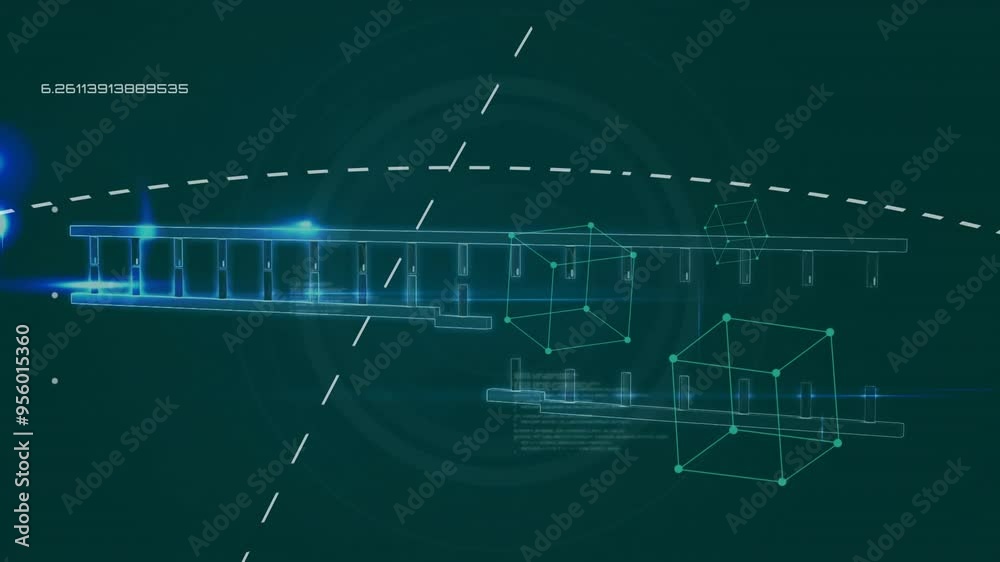Poster geometric shapes and numerical data processing animation over technical blueprint