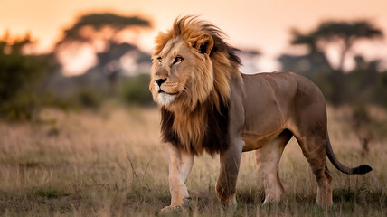 A lion standing in the grass with the sun setting behind him illustration, Generative AI