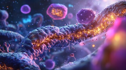 Obraz premium Abstract Microscopic Cell Structure with Glowing Particles