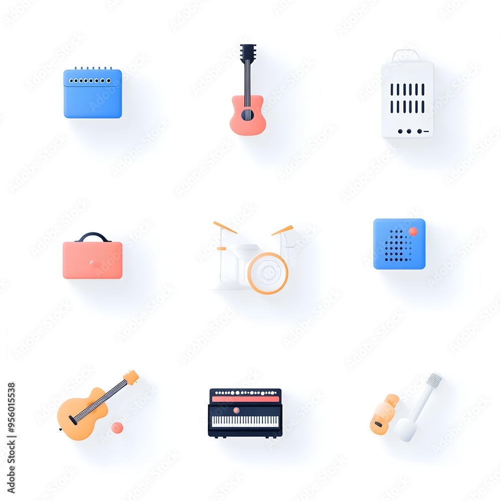 Poster flat gradient icon set of musical instruments like guitar piano and microphone