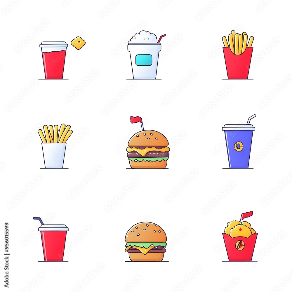 Poster Flat Gradient Icon Set of Popular Fast Food Menu Items