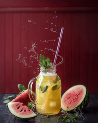 Mason jar with lemonade, mint leaves, and a straw, with splashes around. Watermelon slices on the table. Refreshing summer drink.