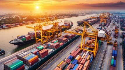 Bustling international shipping port at sunset containers being loaded with precision highlighting the global logistics network.