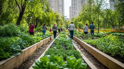 Community garden in an urban area with people tending to raised beds filled with vegetables and herbs surrounded by tall buildings emphasizing the importance of green spaces and local food production