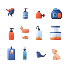 Obraz premium Flat Gradient Icons for Animal Care Products with Pet Shampoo Collar and Food Bowl